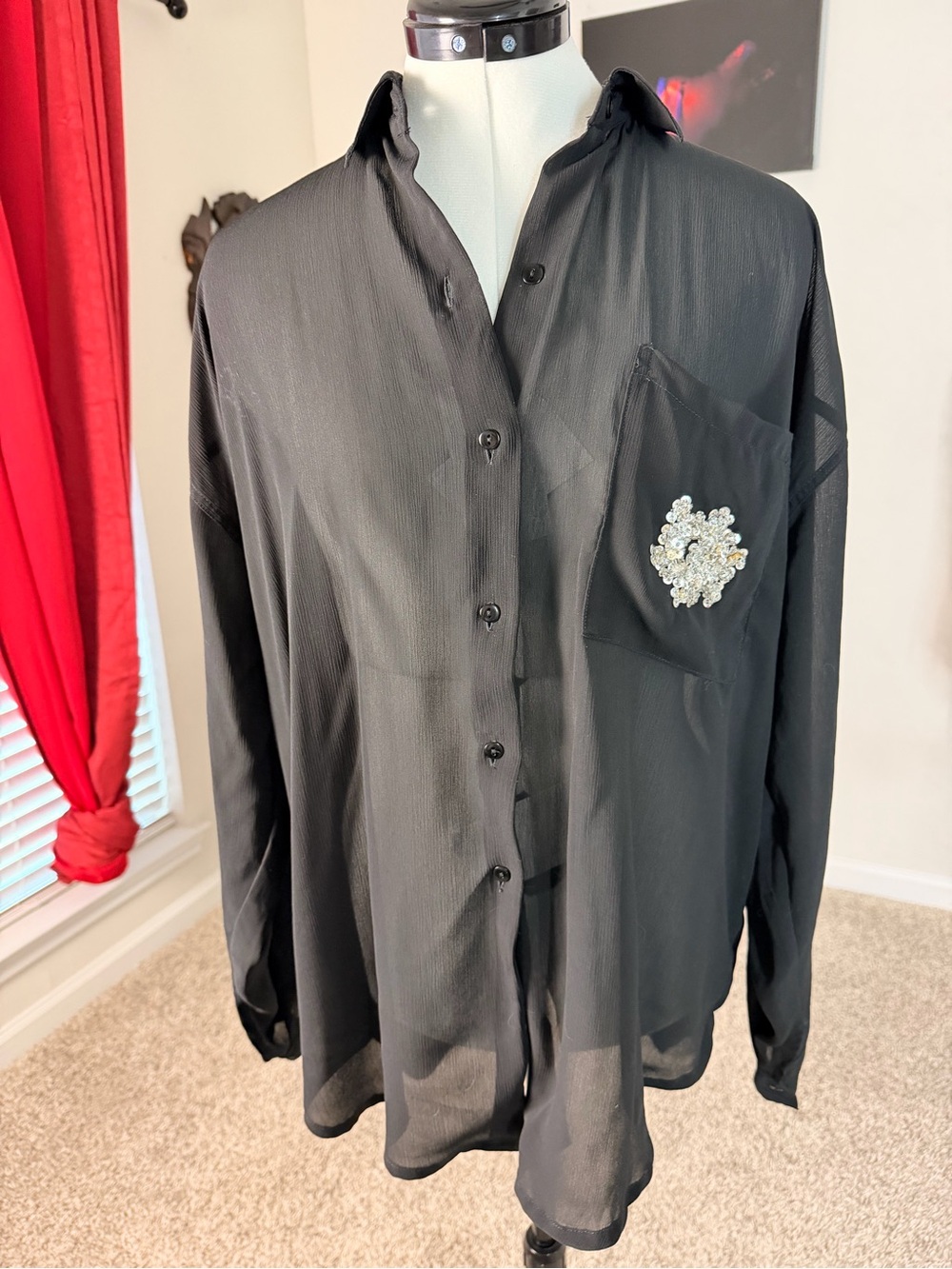 Black Sheer Women’s Lightweight Button-Up Shirt with Pocket Embellishment